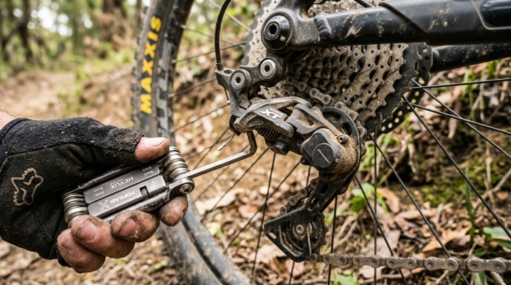 Budget mountain bike drivetrain and brake issues close-up