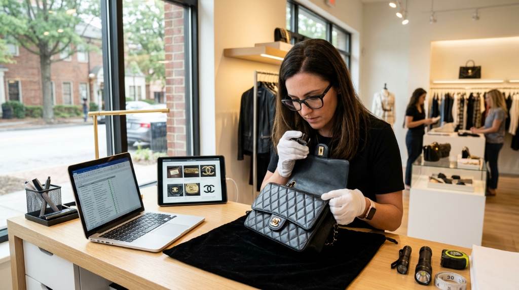 Designer handbag authentication process in Atlanta consignment store