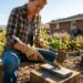 Homeowner sharpening a garden hoe blade in a Denver backyard garden during spring maintenance
