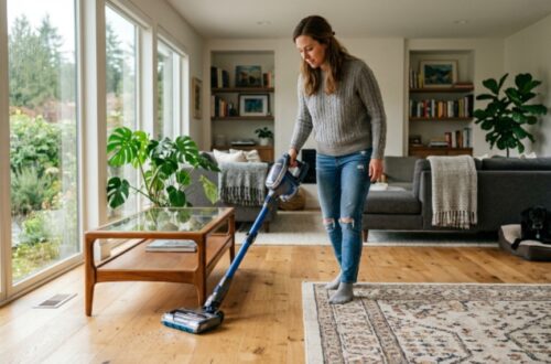Person using a Shark cordless stick vacuum on hardwood floors in a modern living room