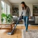 Person using a Shark cordless stick vacuum on hardwood floors in a modern living room
