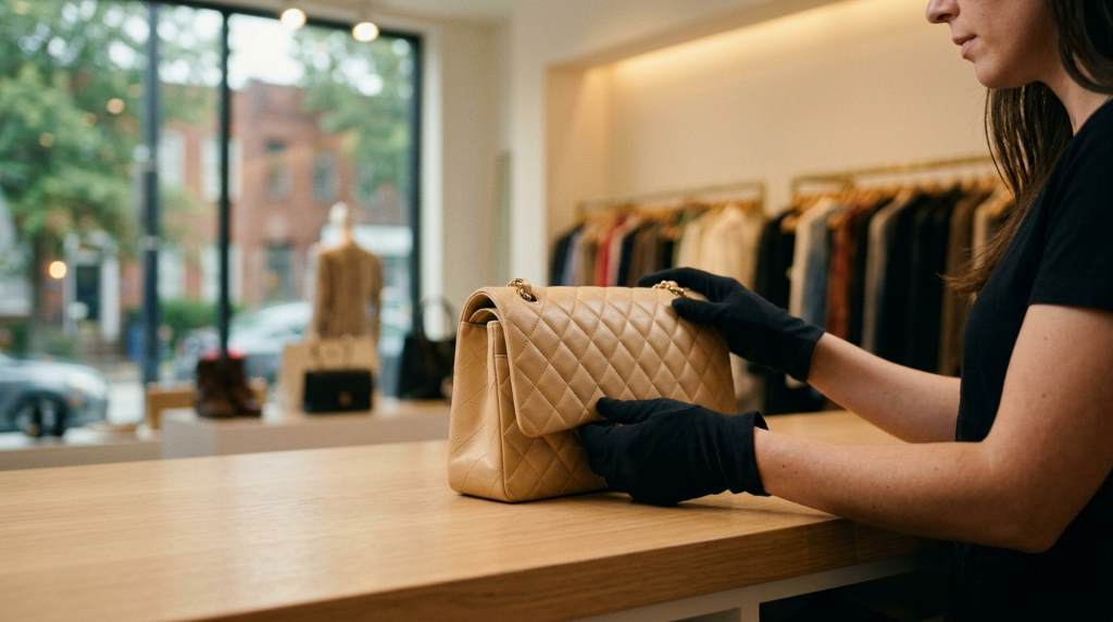 Luxury consignment store employee inspecting leather handbag
