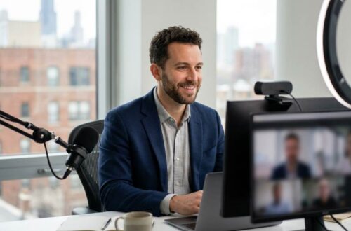 Professional in Chicago using proper lighting during a virtual business meeting from a home office