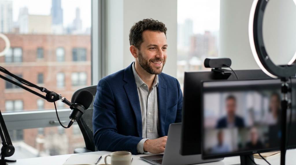 Professional in Chicago using proper lighting during a virtual business meeting from a home office