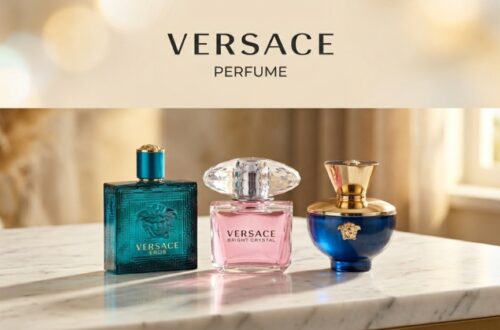 Luxury branded fragrances collection with Versace perfume bottles