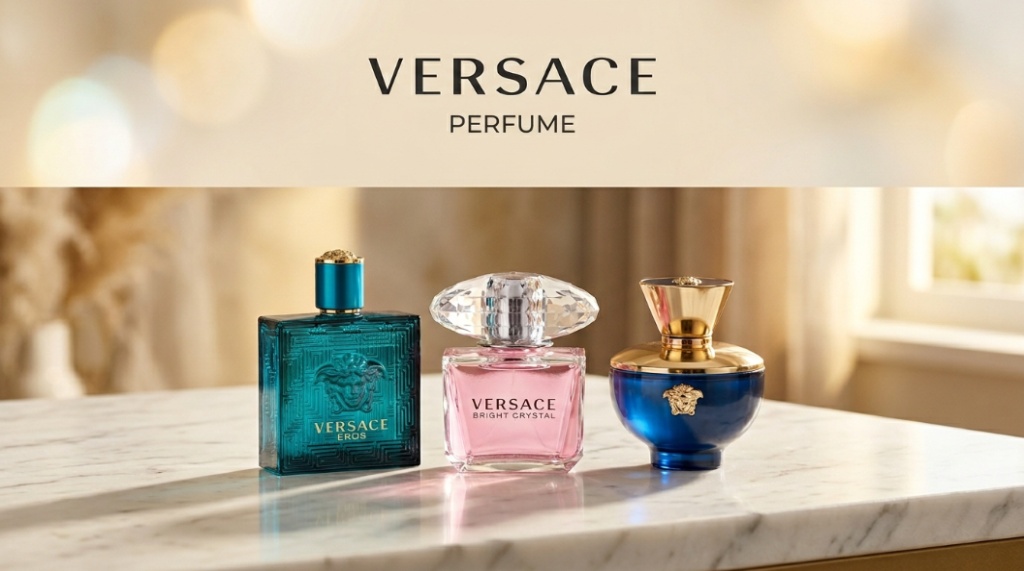 Luxury branded fragrances collection with Versace perfume bottles