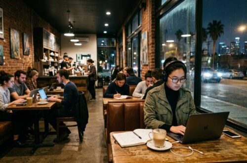 Young professionals working late inside a modern Manhattan coffee shop at night