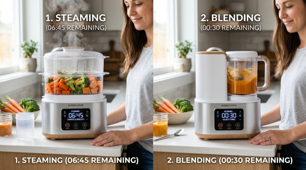 Steam and blend machine making homemade baby food