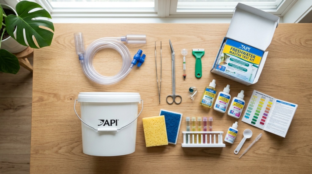 Simple budget-friendly aquarium maintenance tools arranged neatly on a wooden table.