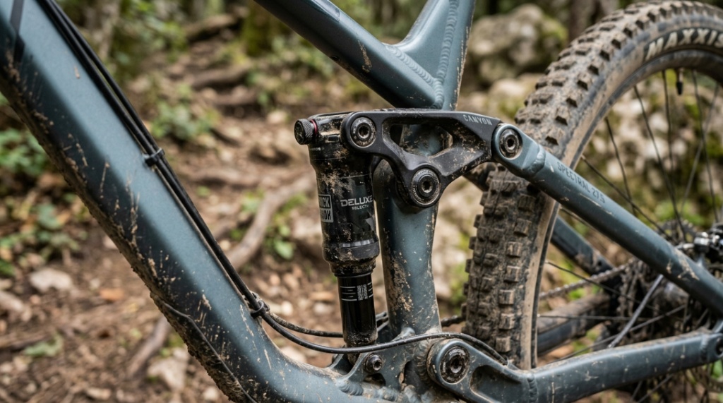 A rider navigating a dusty forest trail on a Canyon Spectral 27.5 AL 5 mountain bike.