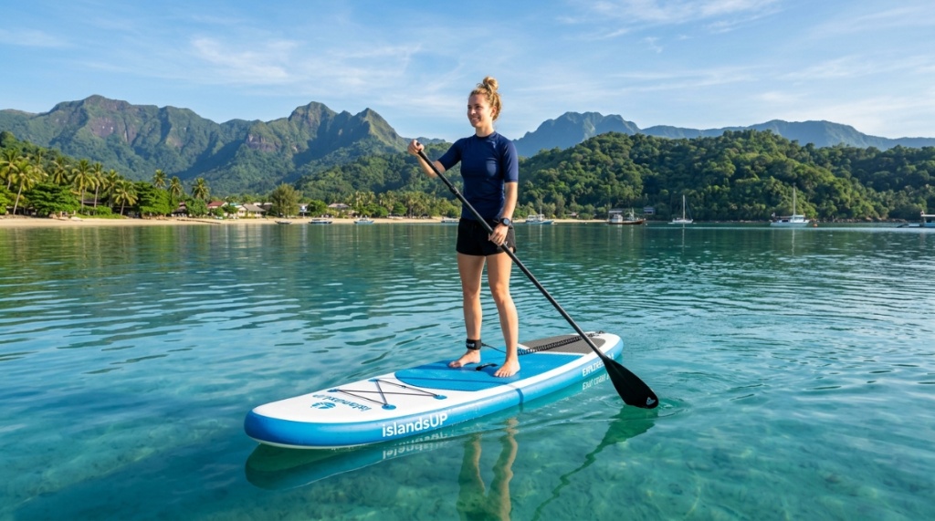 A beginner easily transitioning to a standing position on a thick, stable paddle board.