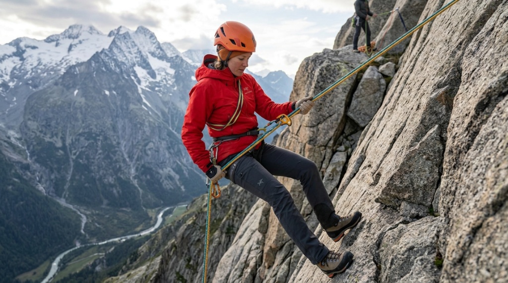 Hands checking rope for fraying and core damage before descent.