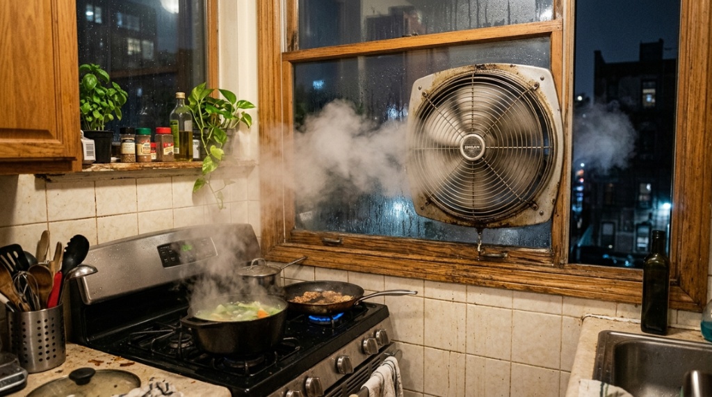 Person turning on range hood fan in a compact kitchen