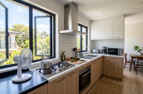 Modern small kitchen venting smoke out an open window and portable fan