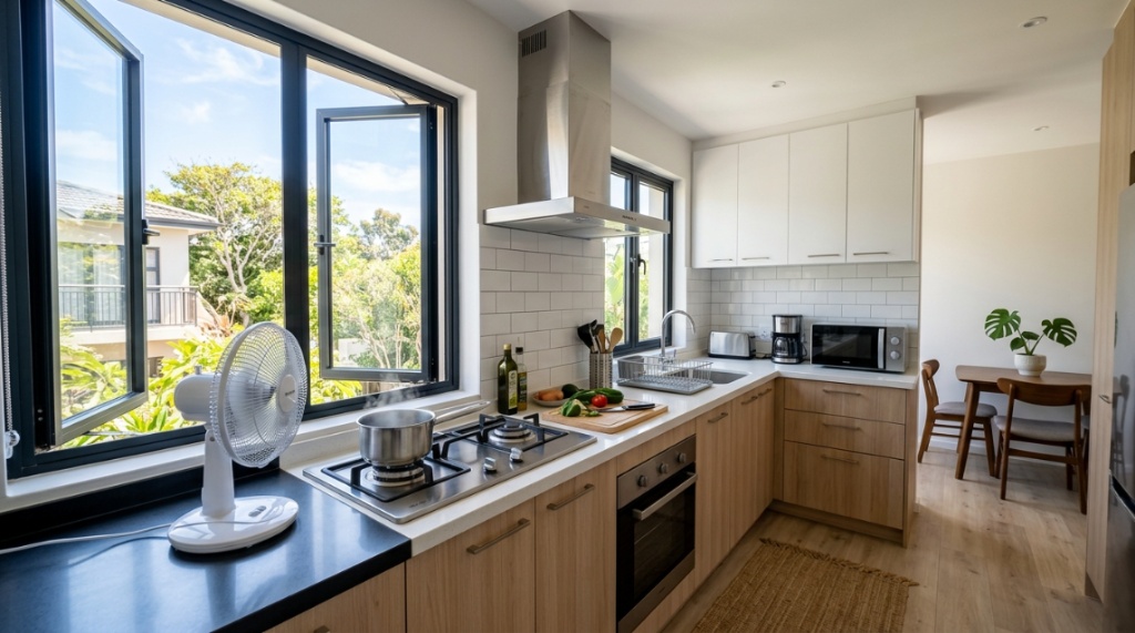 Modern small kitchen venting smoke out an open window and portable fan