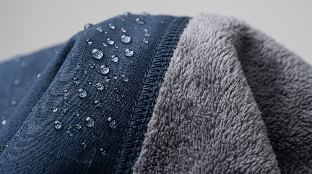 Close-up of water-resistant surf poncho fabric showing soft fleece lining.