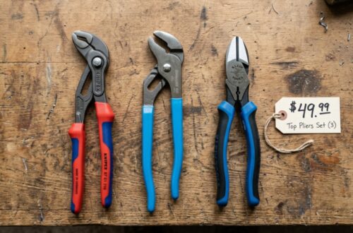 Top-rated pliers displayed neatly on a wooden workbench.