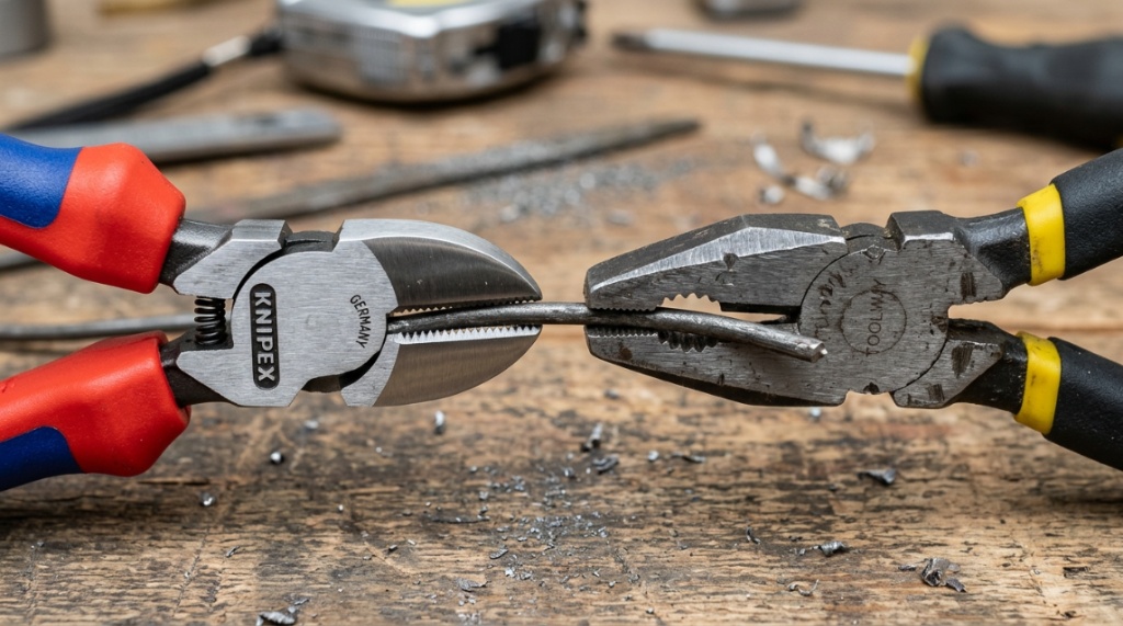 Close-up comparison of two different plier jaws gripping wire.