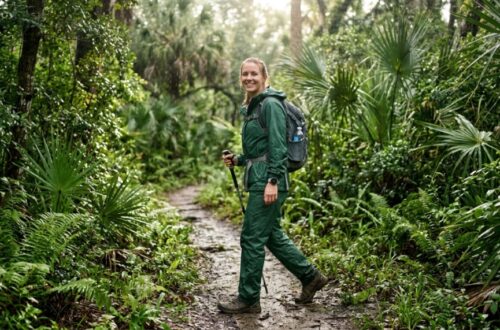 Person wearing an affordable rain suit hiking on a Florida trail during a light shower.