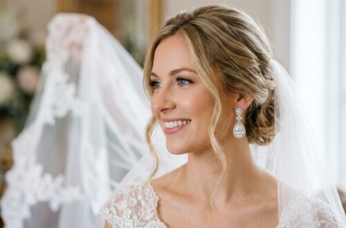 Bride wearing sparkling drop earrings against a soft wedding backdrop.