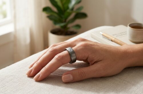 Close-up of a sleek smart ring worn on a finger during a morning workout.