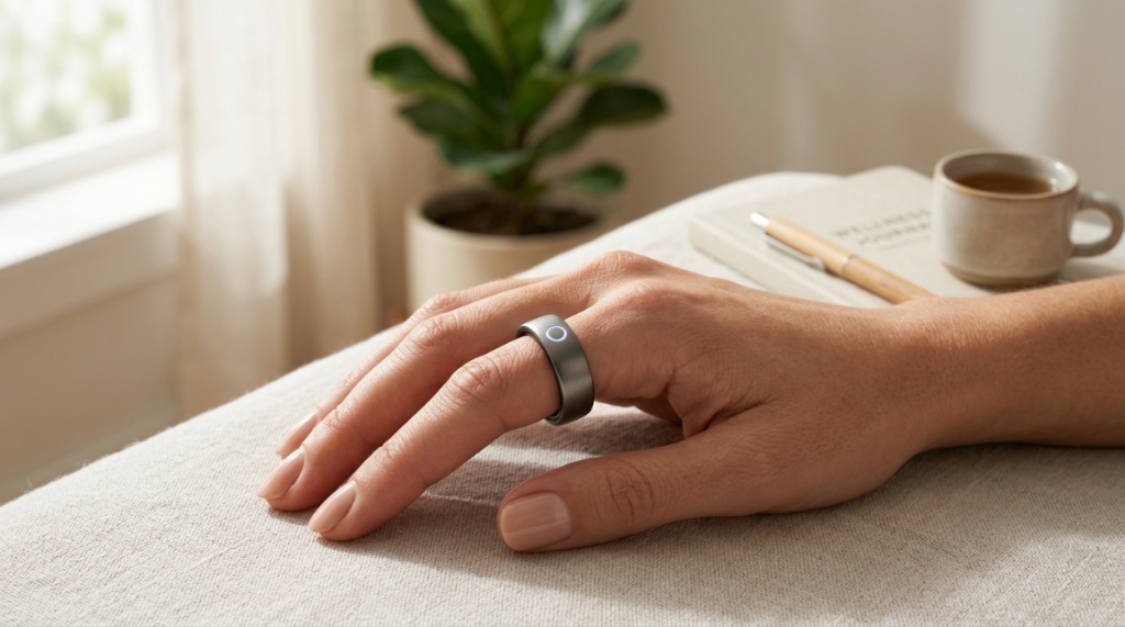 Close-up of a sleek smart ring worn on a finger during a morning workout.
