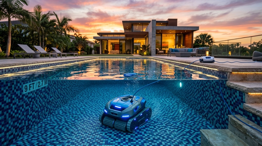 Person tapping smartphone screen to control robotic pool cleaner settings outdoors.