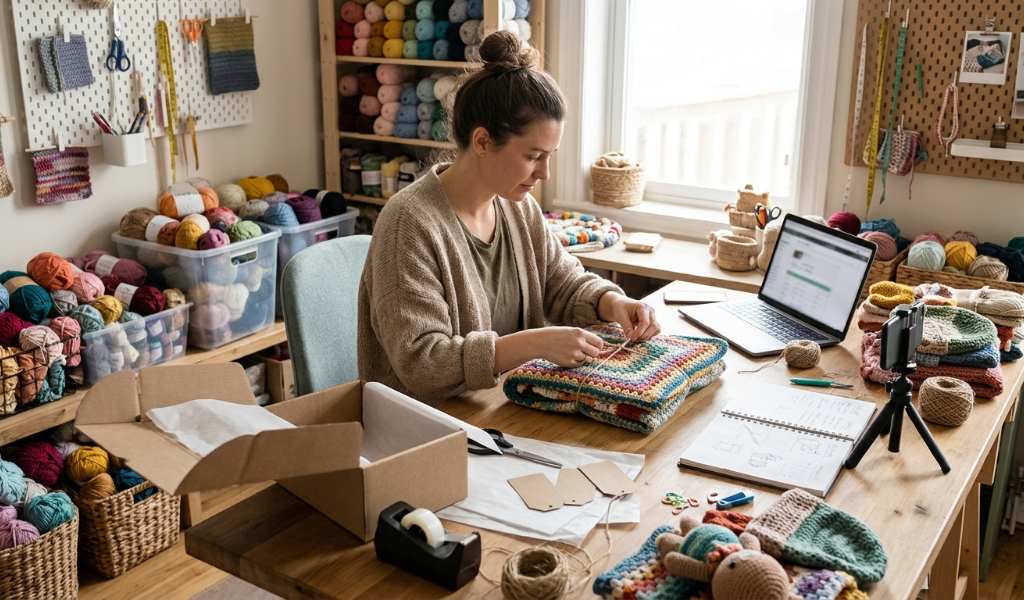 Person crocheting a colourful blanket in a bright home studio