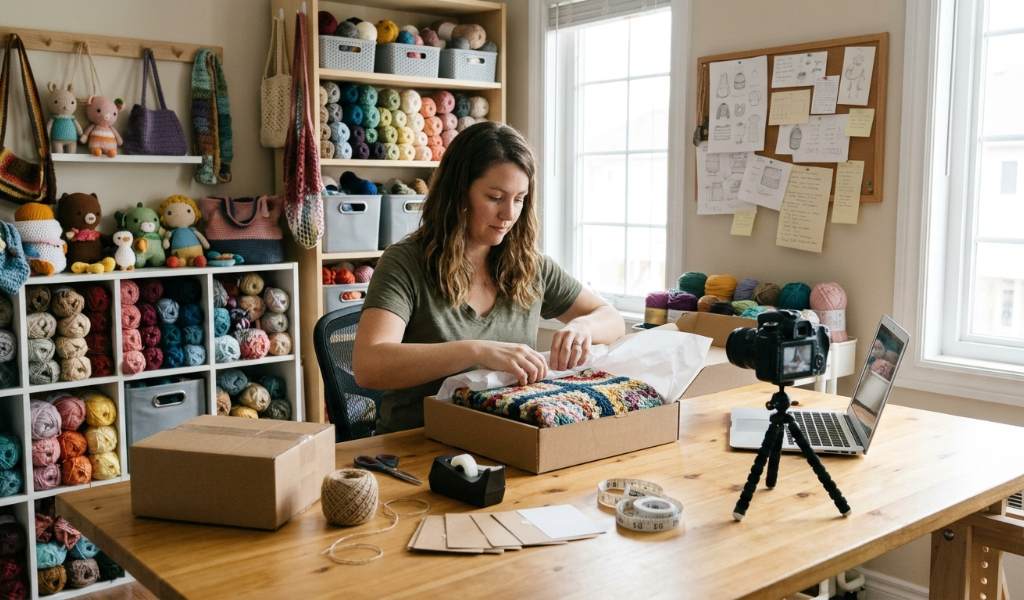 Person photographing crochet items for social media marketing